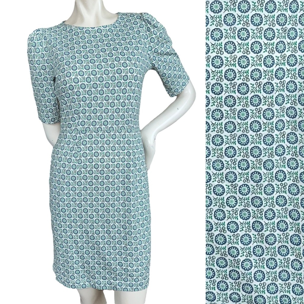 Boden Zoe Green & Blue Floral Knee Length Cotton 3/4 Sleeve Dress Size 4 Petite
